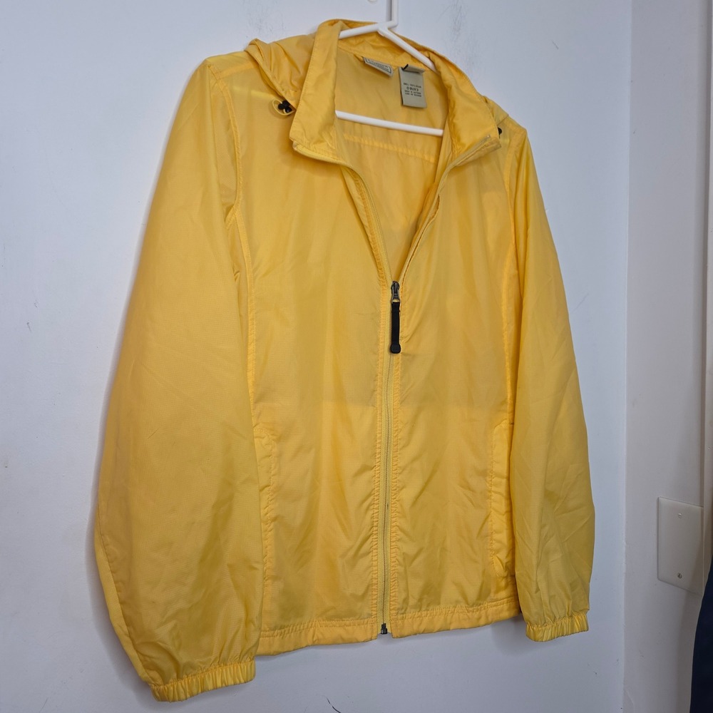 LL Bean Womens Yellow Windbreaker Jacket Full Zip Hooded Ripstop Shell Size L